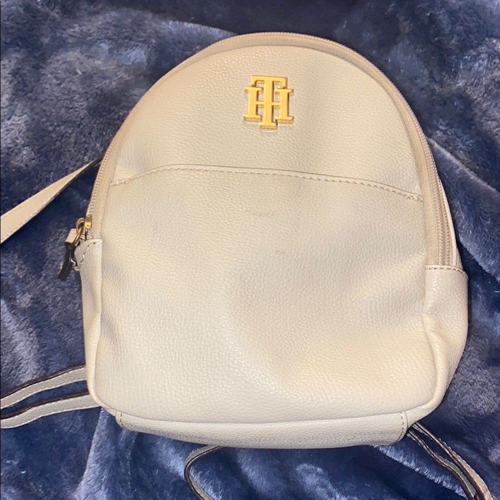 Tommy Hilfiger Cream Mini Bag with Textured Fabric and Gold Logo